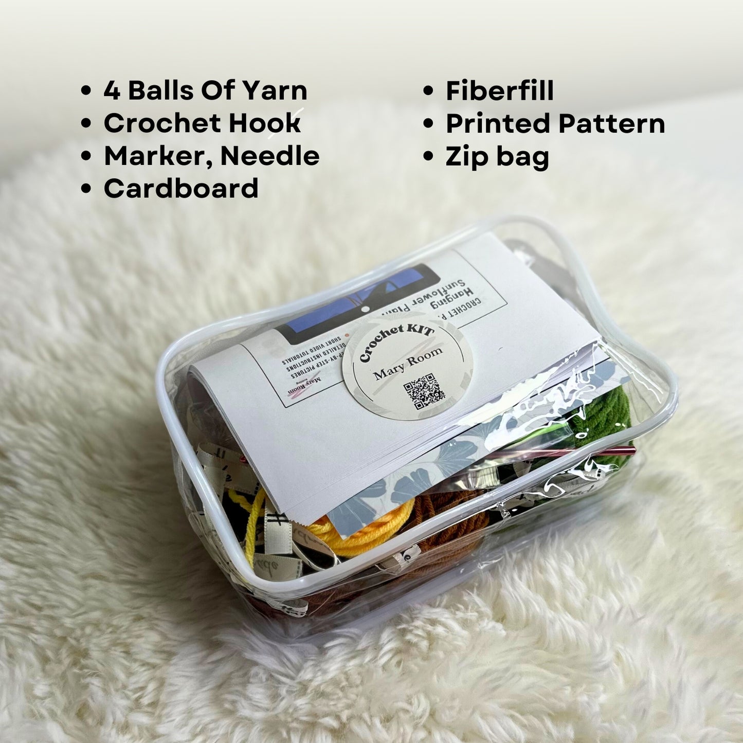 DIY crochet kit in clear zip pouch showing yarn, instructions, hook and fiberfill