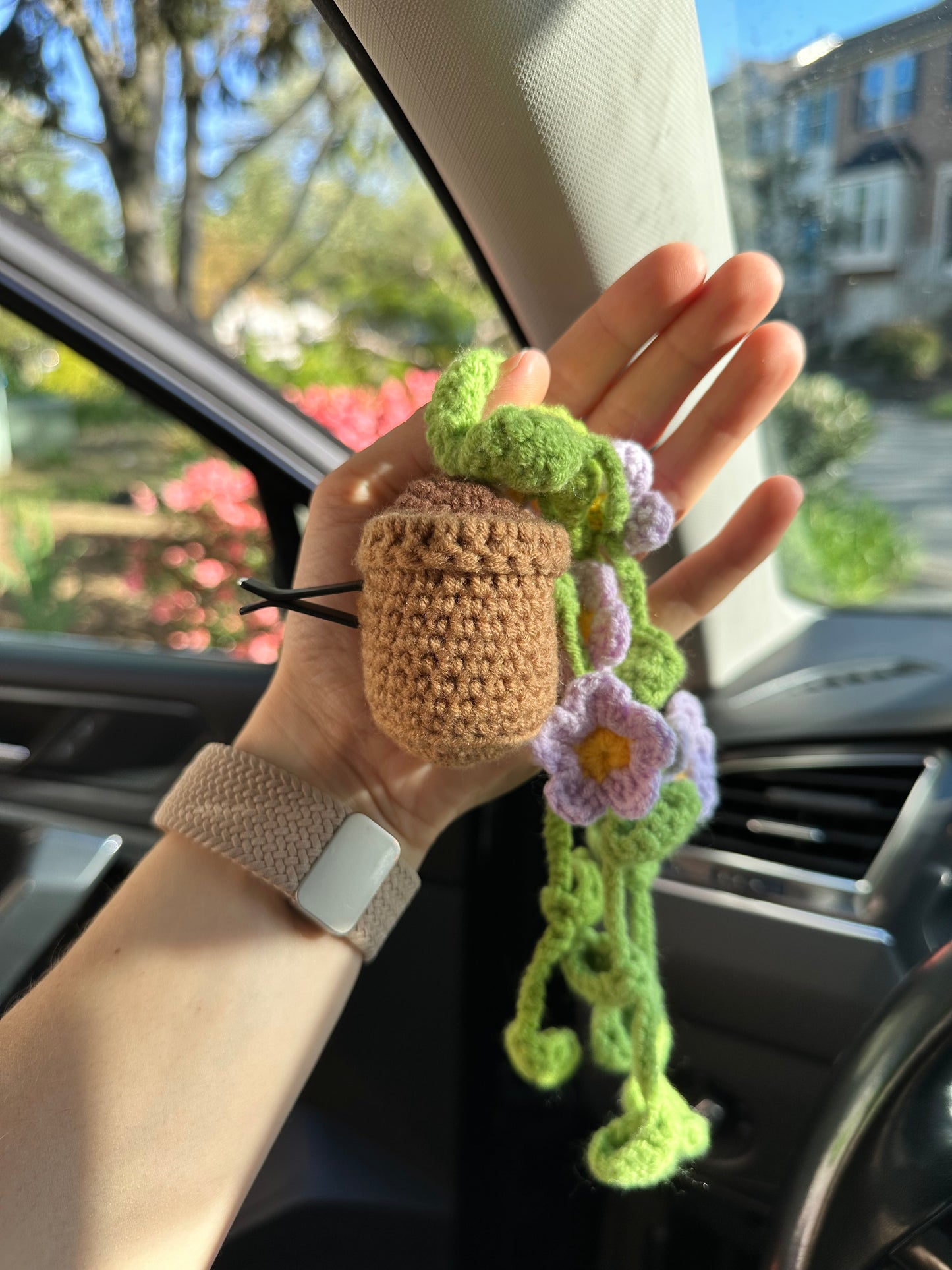 Handmade crochet car air freshener clip with floral design
