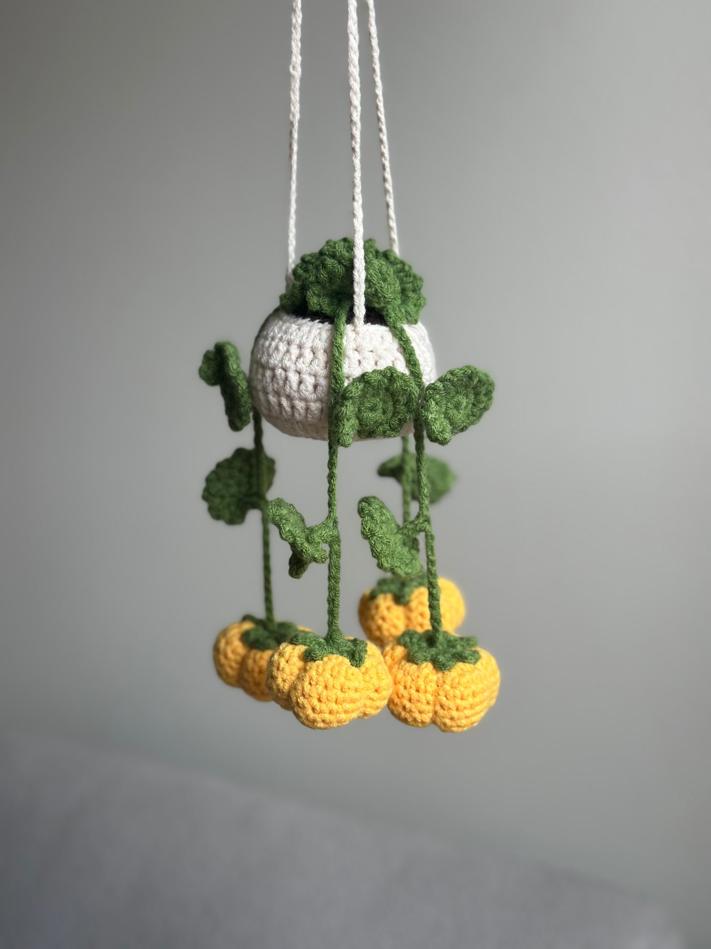 Crochet pattern for hanging pumpkin plant – digital Halloween amigurumi pattern for handmade fall decorations.