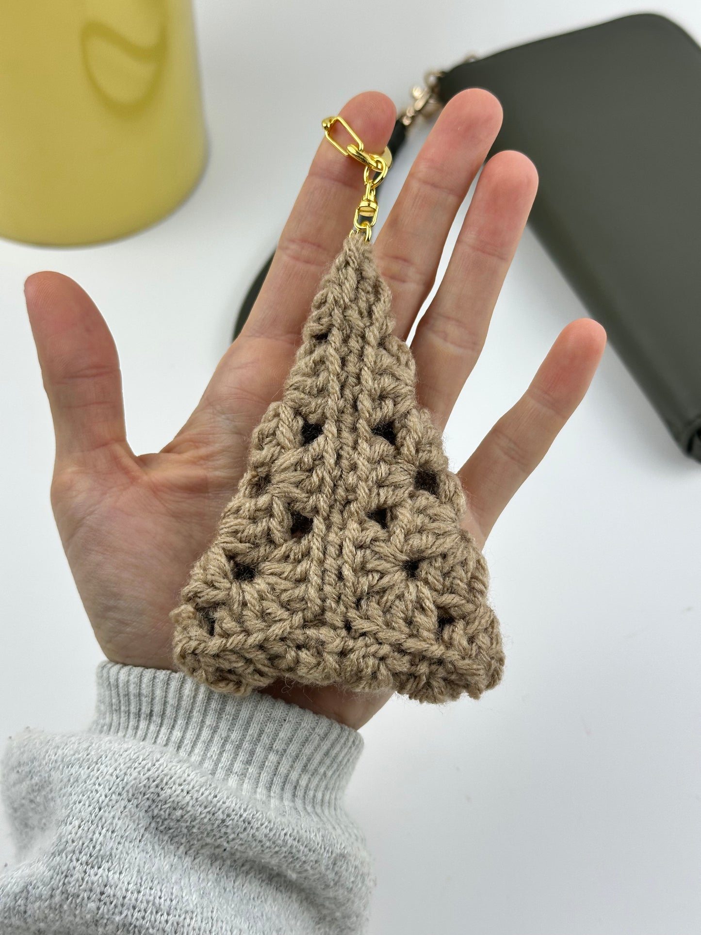 Handmade crochet Christmas tree keychain with pearl accents