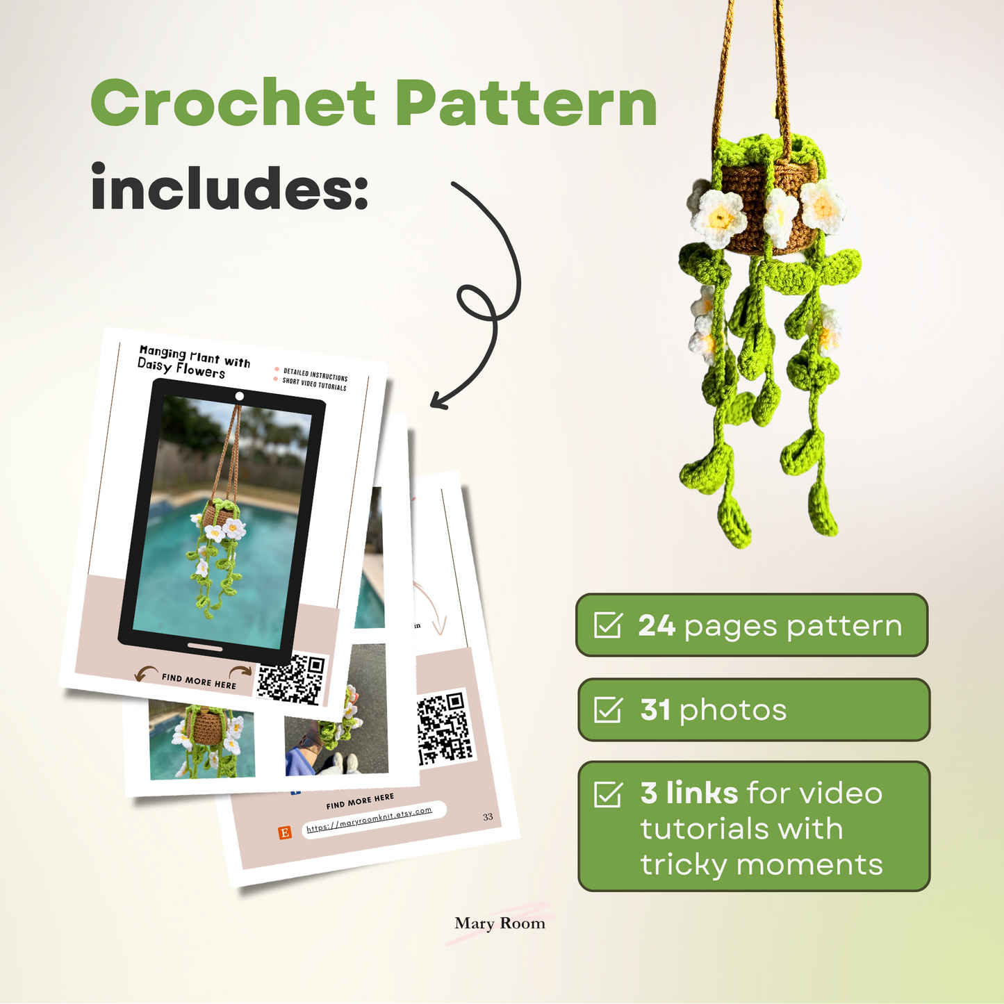 Crochet pattern with digital and printed materials on a white background