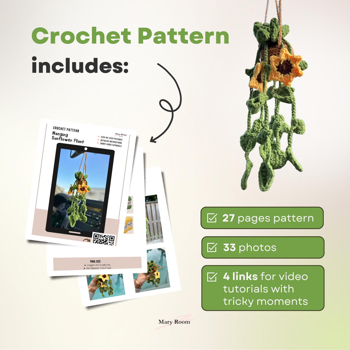 Graphic image detailing step-by-step pattern instructions and stitch guide included in kit