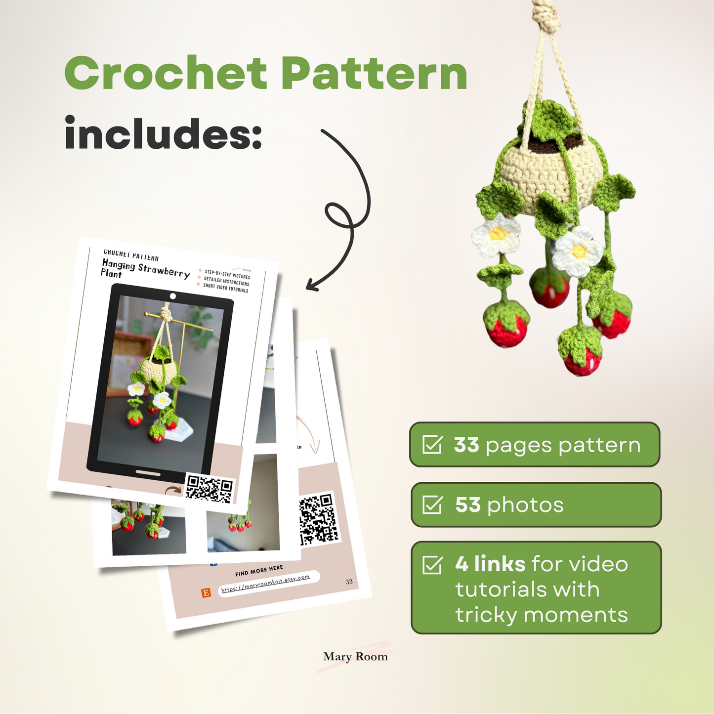 Crochet pattern includes step-by-step pictures, detailed instructions, and short video tutorials