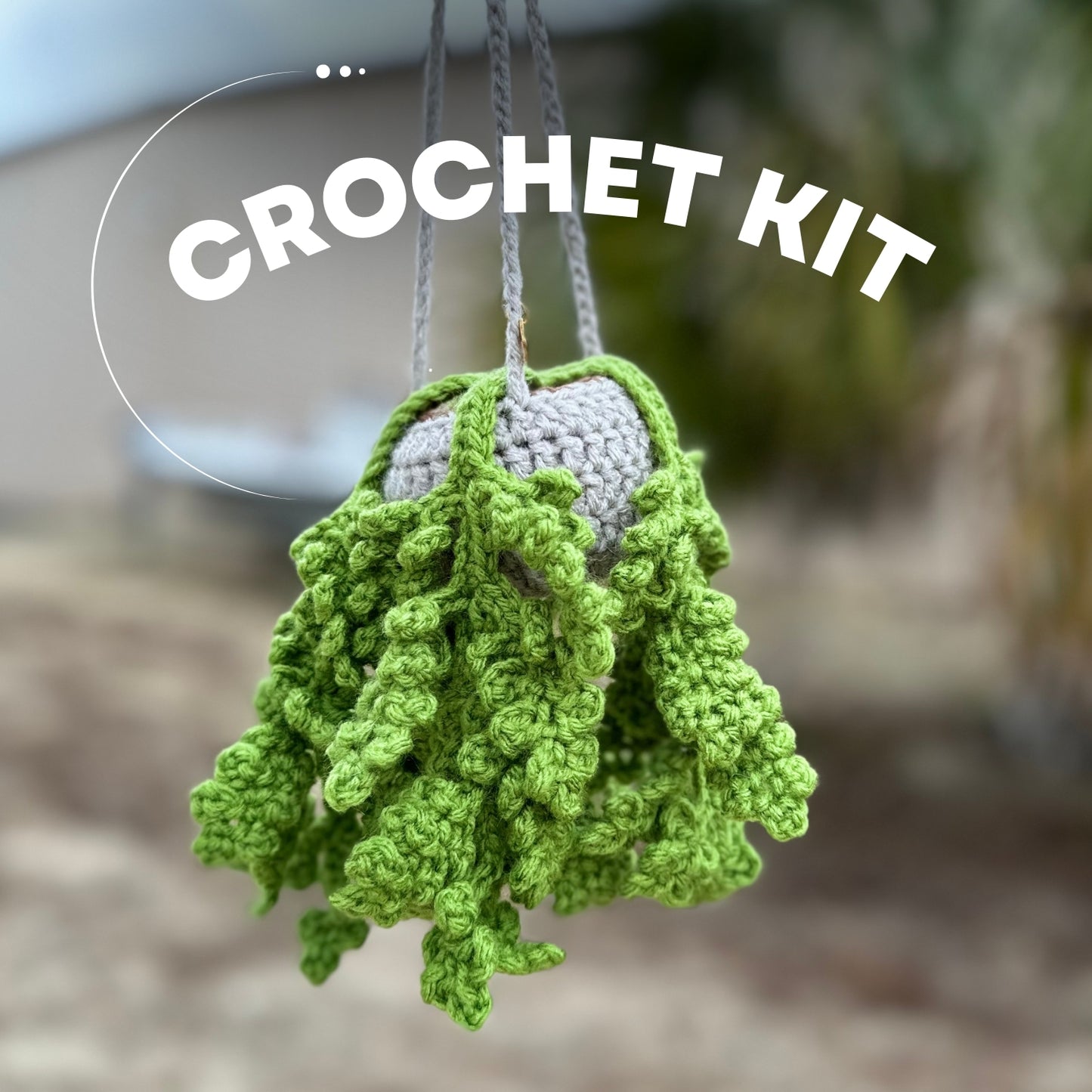 Hanging crochet fern plant in gray and white pot — DIY crochet kit