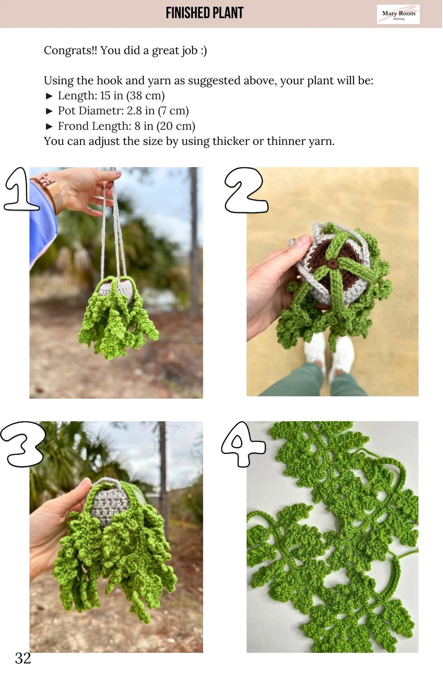 Assembly instructions with step-by-step images for crochet fern plant
