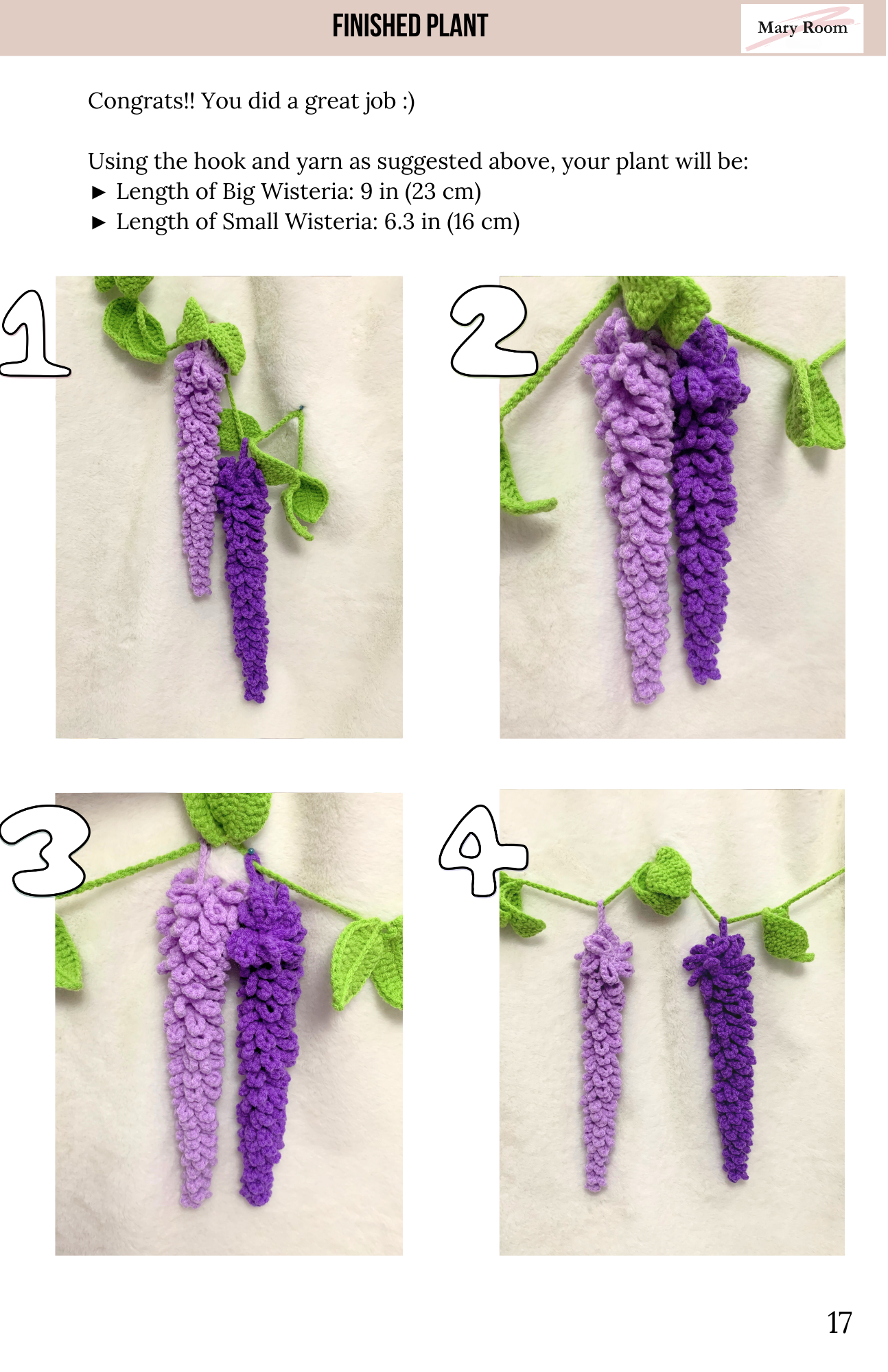 Instructions for crocheting wisteria plants with measurements and steps. Close-up of handmade crochet wisteria flowers in soft lilac and violet yarn
