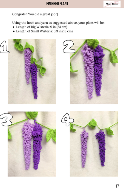 Instructions for crocheting wisteria plants with measurements and steps. Close-up of handmade crochet wisteria flowers in soft lilac and violet yarn