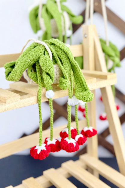 Side view of finished crochet plant hanging with red bells flowers – DIY Crochet Kit Red Bells Plant decor example.