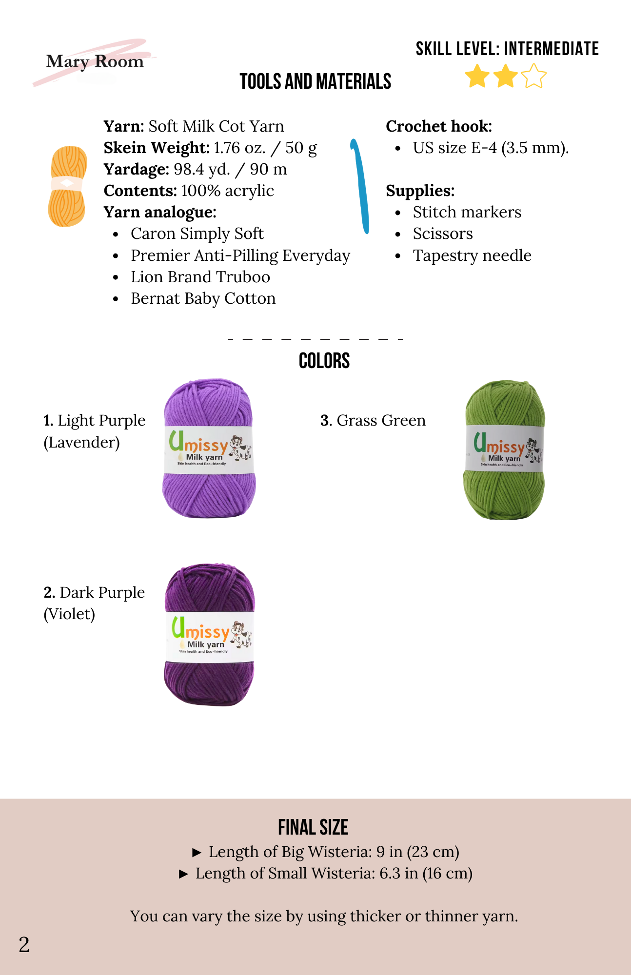 Yarn and crochet hook information sheet for a yarn room project. Crochet pattern PDF preview with photo tutorial and stitch instructions