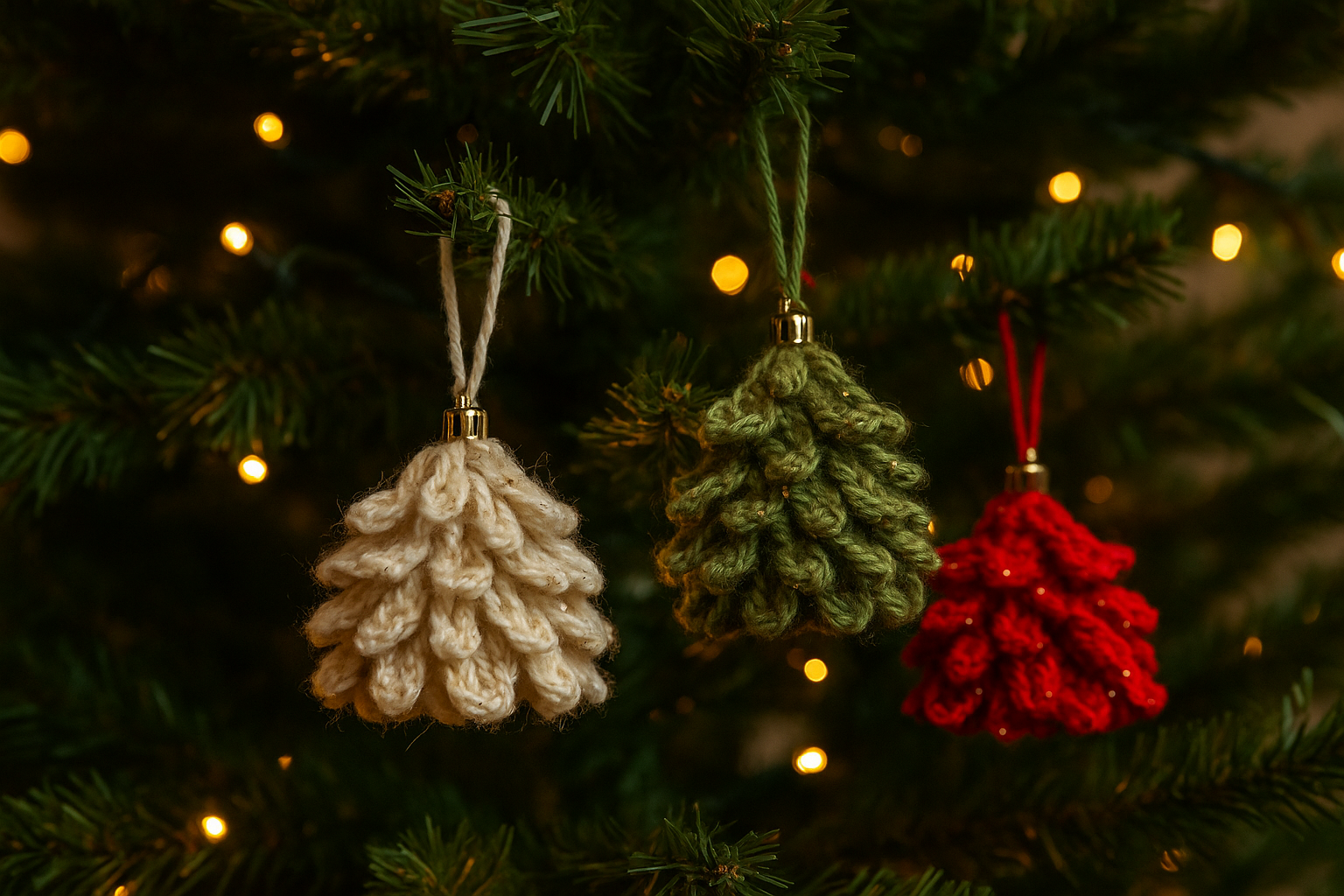 Three crochet Christmas ornaments in red, green, and cream hanging at different heights on a lit Christmas tree