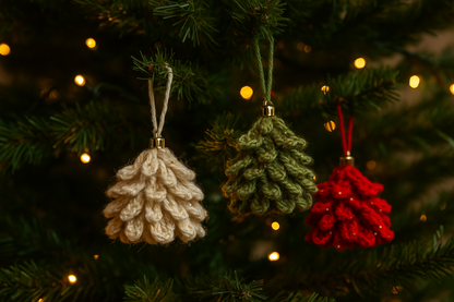 Three crochet Christmas ornaments in red, green, and cream hanging at different heights on a lit Christmas tree