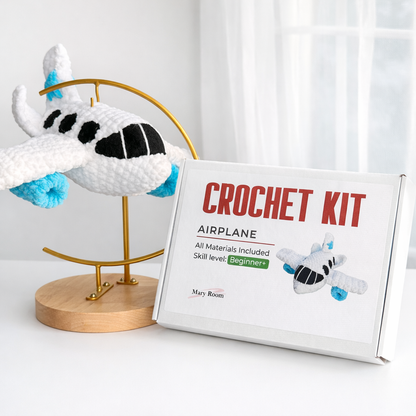 Crochet kit Airplane from plush yarn with all nessesary tools and yarn, crochet pattern for beginners