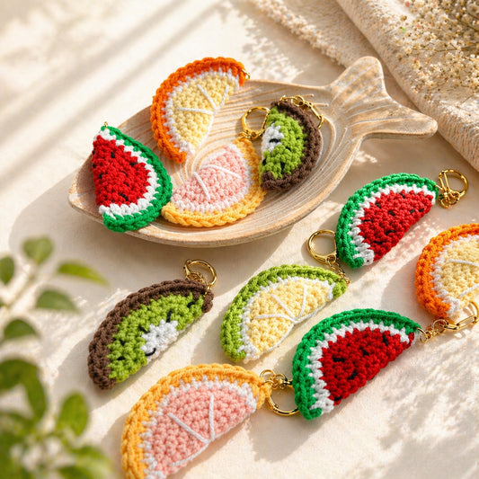 Handmade crochet fruit slice keychains with orange, lemon, kiwi, grapefruit, and watermelon designs