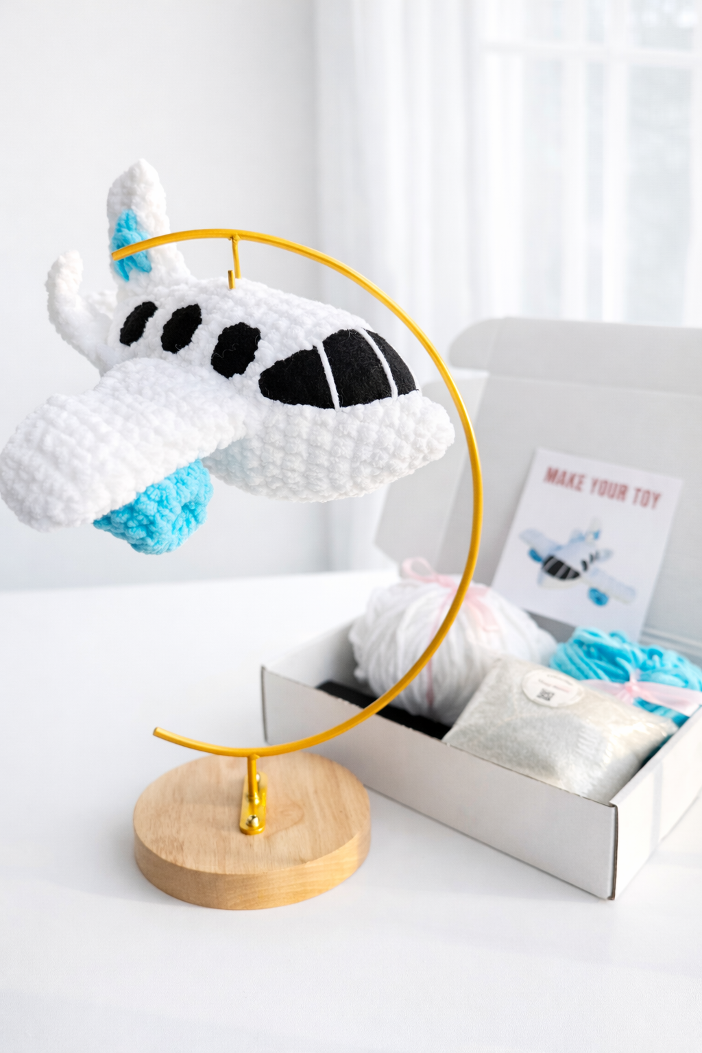 Crochet kit Airplane from plush yarn with all nessesary tools and yarn, crochet pattern for beginners