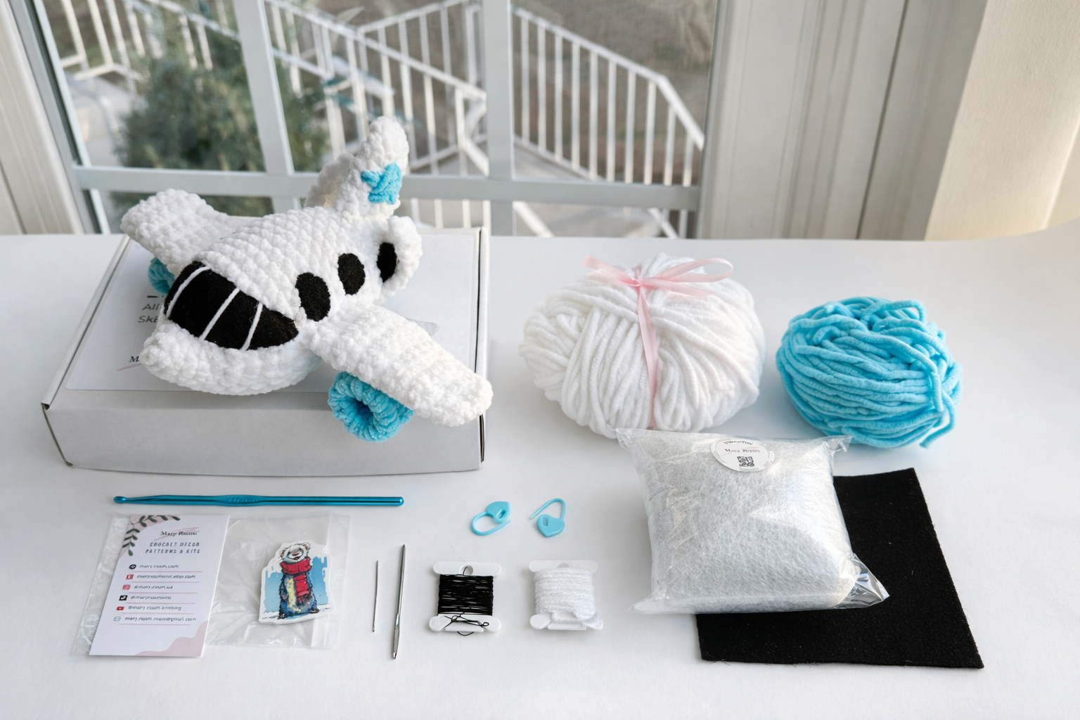 Crochet kit Airplane from plush yarn with all nessesary tools and yarn, crochet pattern for beginners