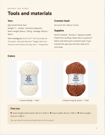 A product information page for Big Twist yarn, showing tools and materials, available colors, and size information. The page features two balls of yarn, one cream and one brown, with text detailing specifications and recommendations.