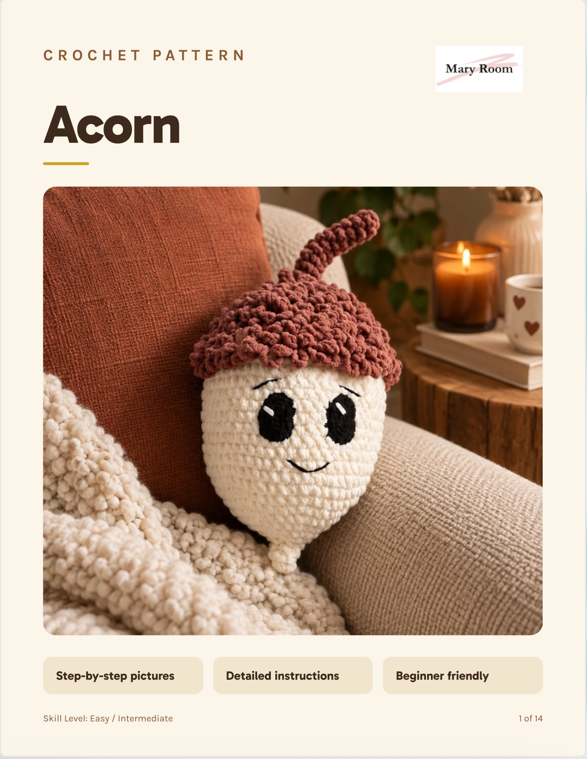 Promotional cover for a crochet pattern titled 'Acorn' by Mary Room, showing a crocheted acorn character with a cream body and brown cap resting on a couch beside a candle and blanket.