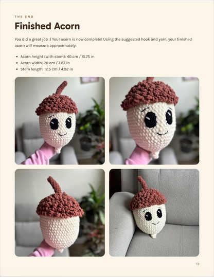 A printed page titled 'Finished Acorn' showing a crocheted acorn character with a brown acorn cap and smiling face, plus measurement instructions and photos of the finished item in different settings.