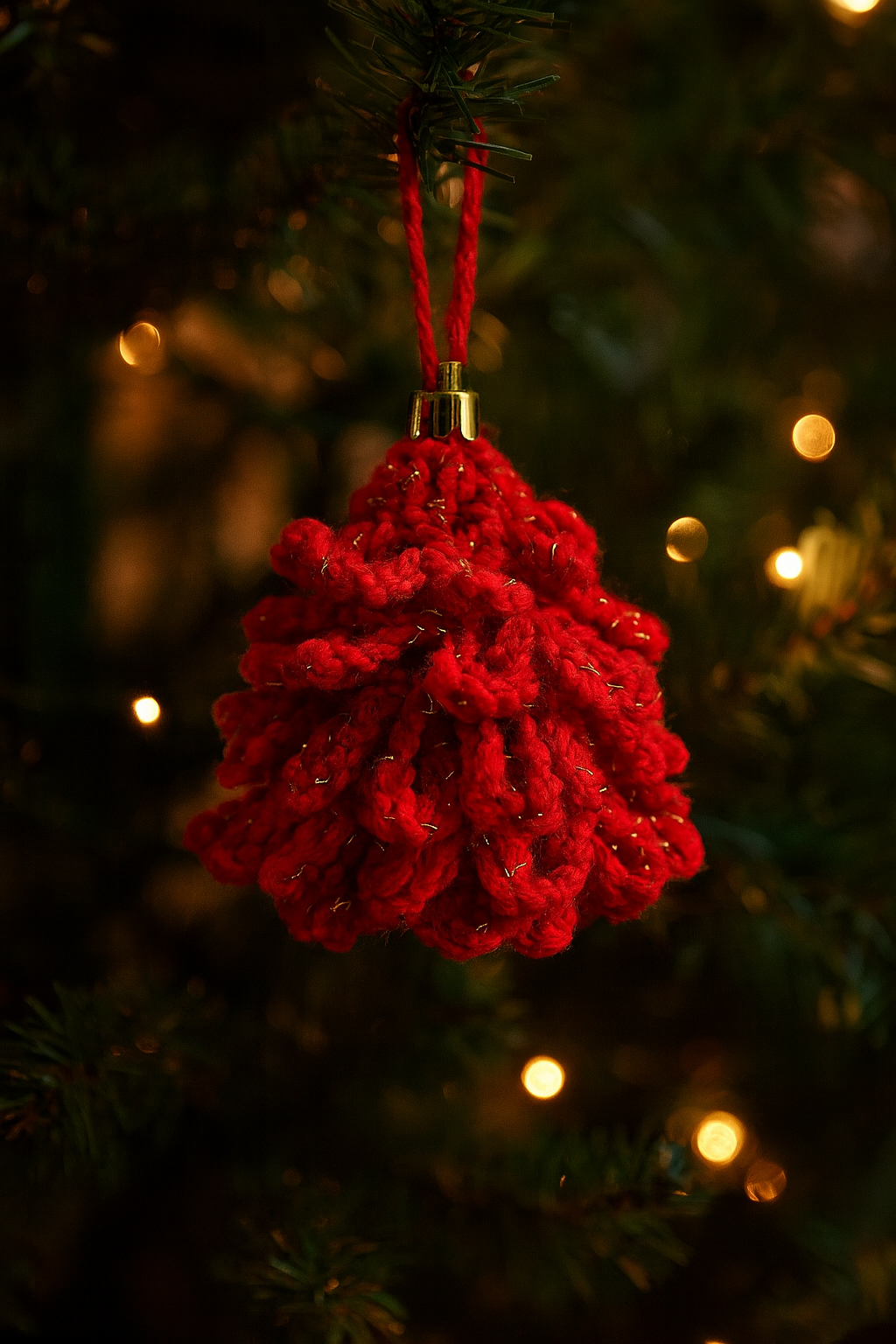 Red crochet Christmas ornament with shiny sequins and soft yarn on a Christmas tree