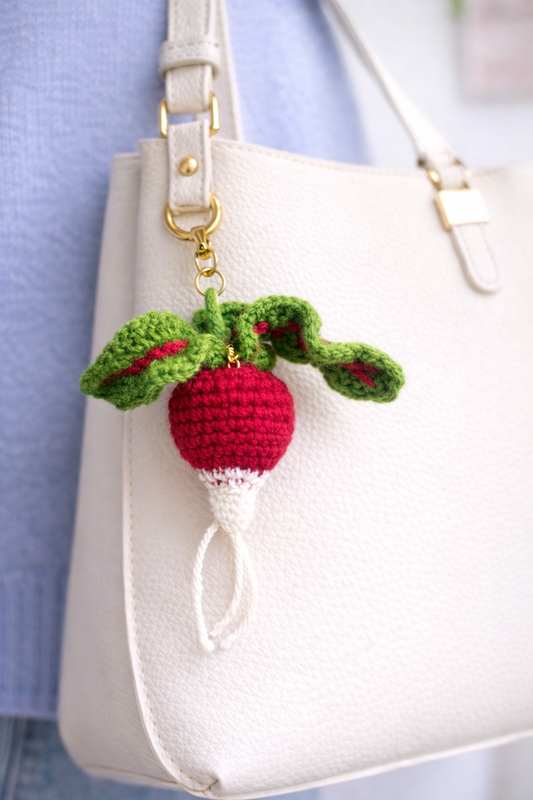 Handmade crochet radish keychain, cute vegetable bag charm accessory by Mary Room