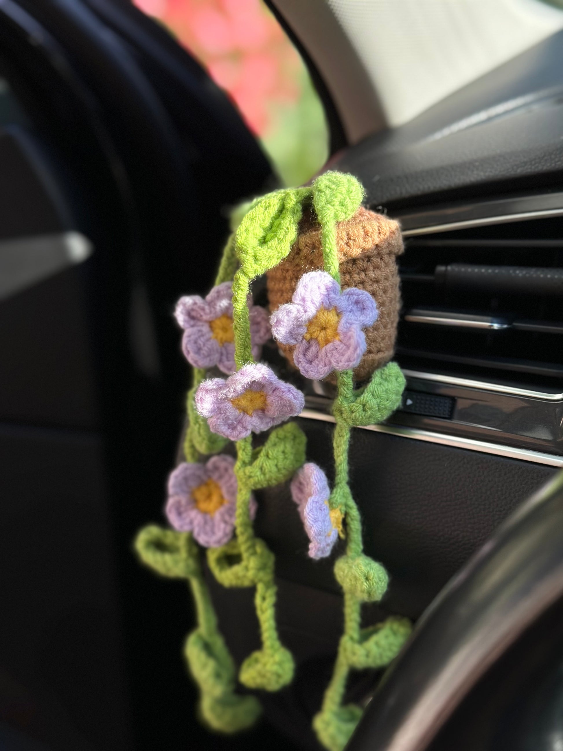 Amigurumi crochet plant with blossoms for car air freshener vent