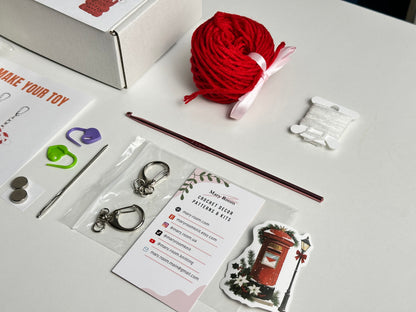 Flat lay of full crochet kit content: yarn, pattern, needles, magnets, clips, and accessories – DIY Crochet Kit for Valentine’s Day (Kissing Bears)