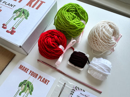 Yarn and accessories from DIY Crochet Kit Red Bells Plant neatly arranged on table with instruction booklet.