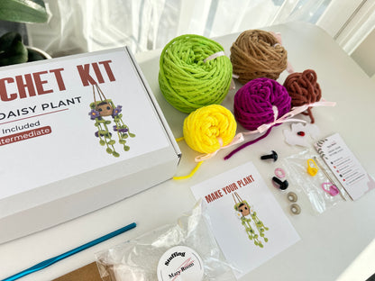 Workspace setup with the Crochet KIT Plush Plant with Daisy Flowers — ideal for beginner crafters.