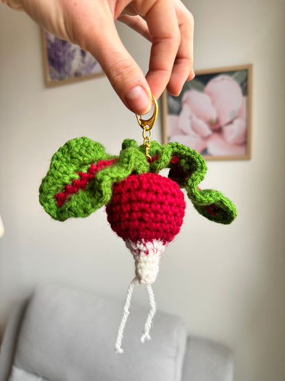 Handmade radish keychain crochet accessory, kawaii vegetable bag charm for everyday use