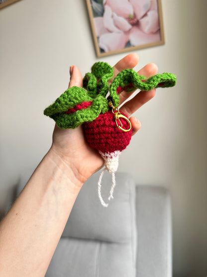 Crochet vegetable keychain with radish design, soft handmade charm for bags and keys