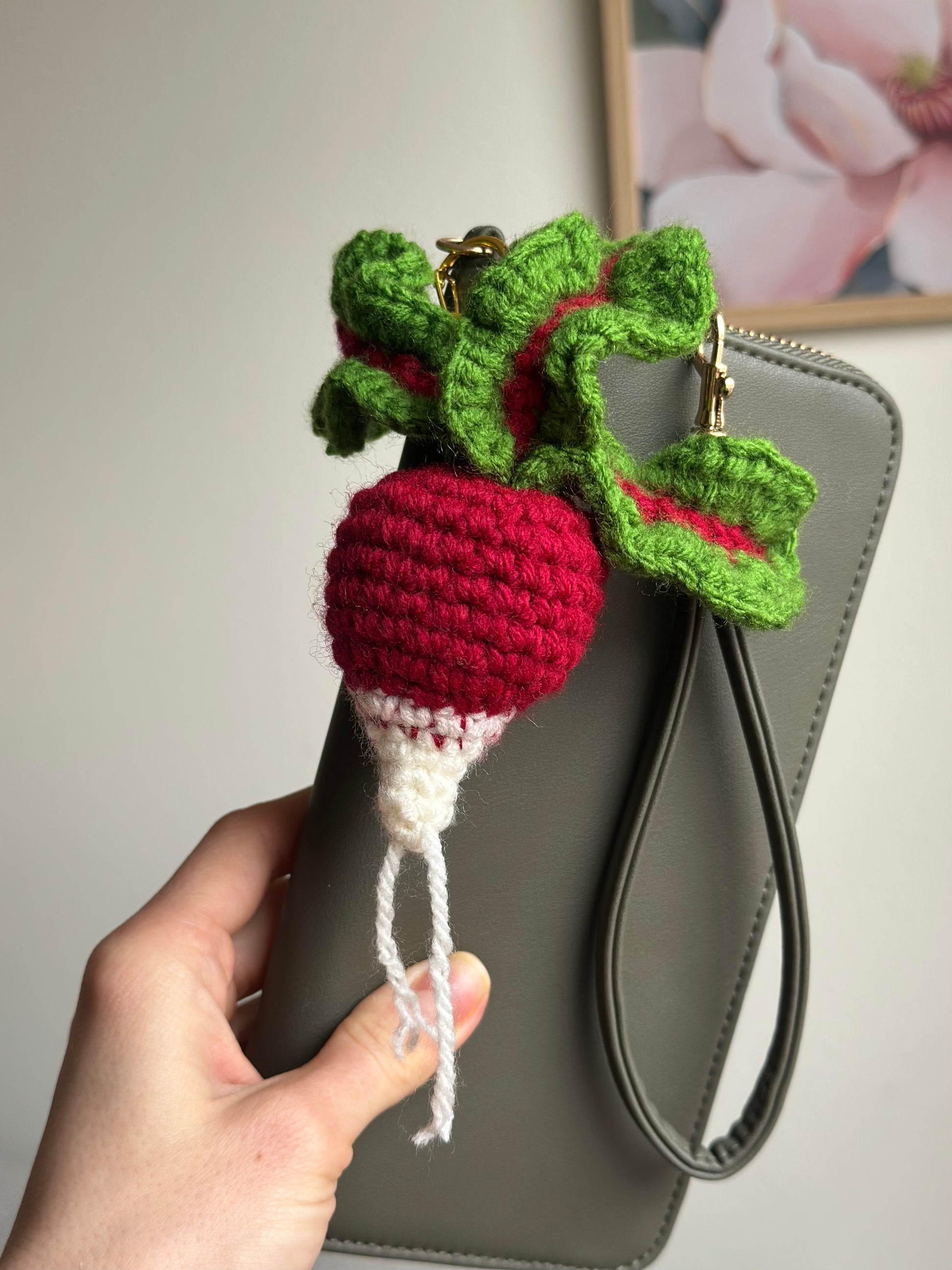 Pink and white crochet radish purse charm, unique handmade keychain gift for her