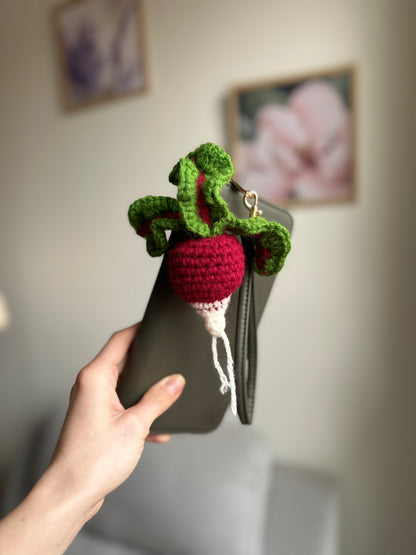 Amigurumi radish keychain, handmade crochet bag charm for backpacks, purses, and keys
