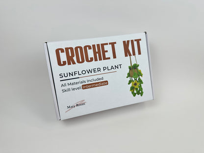 Sunflower amigurumi kit with instructions and materials for making a crochet plant