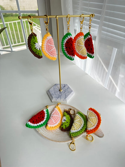 Crochet citrus and watermelon keychains with gold-tone metal clasps