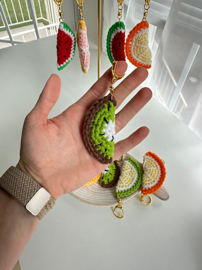 Cute crochet fruit keychain set with bright summer colors
