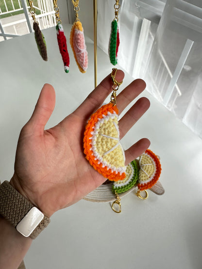 Lightweight handmade crochet fruit charms for backpacks and purses
