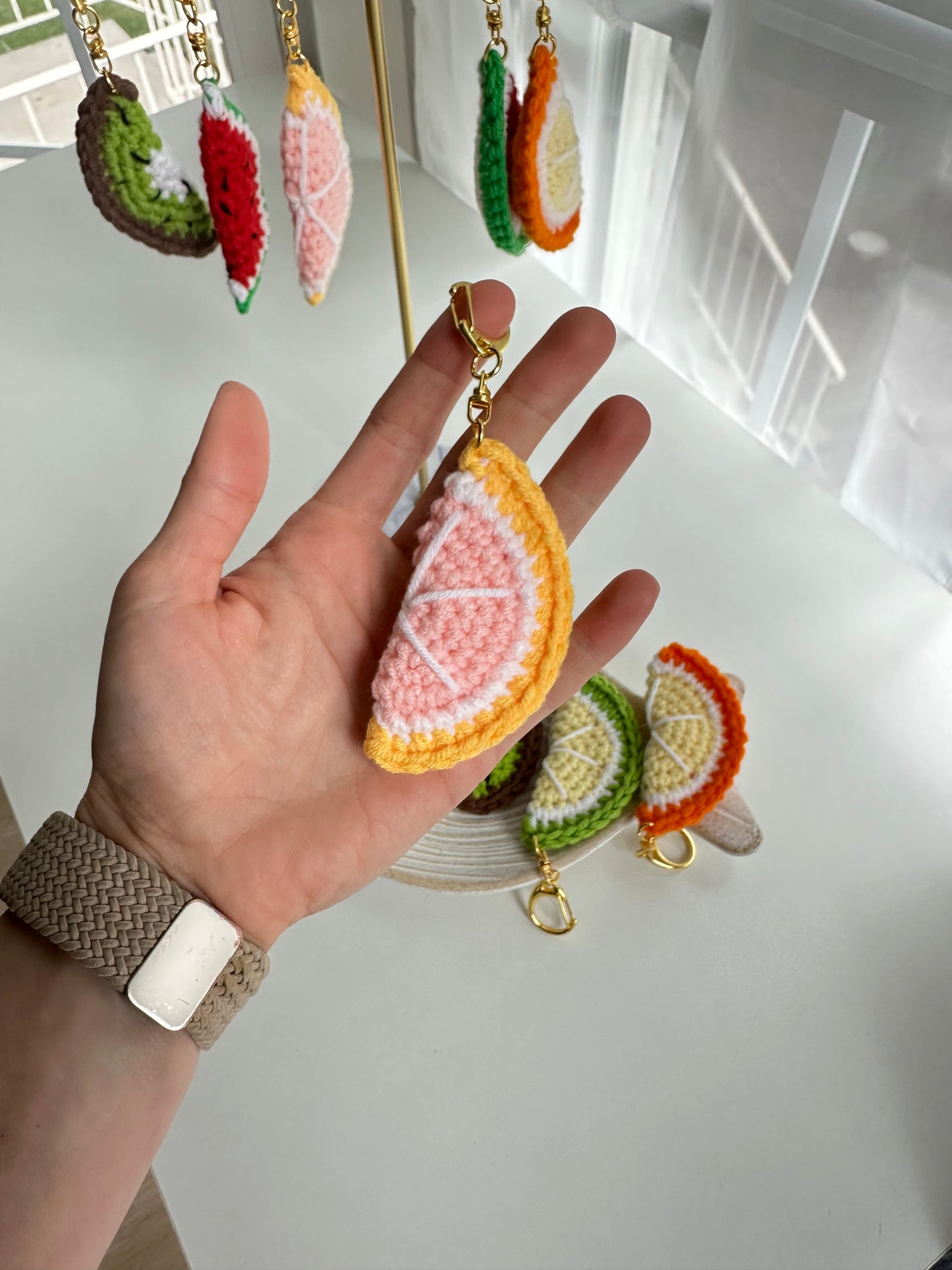 Handmade crochet watermelon, kiwi, orange, lemon, and grapefruit bag charms