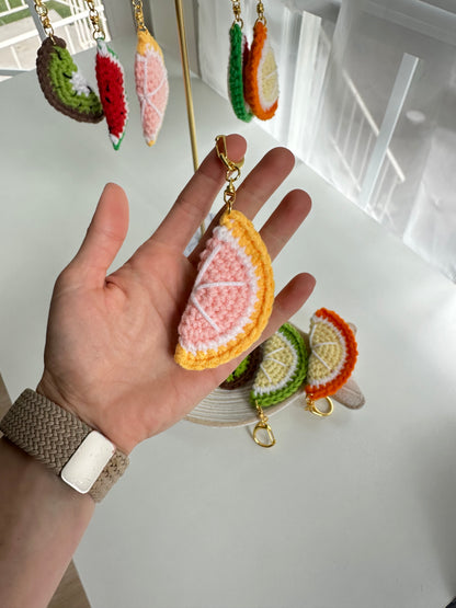Handmade crochet watermelon, kiwi, orange, lemon, and grapefruit bag charms
