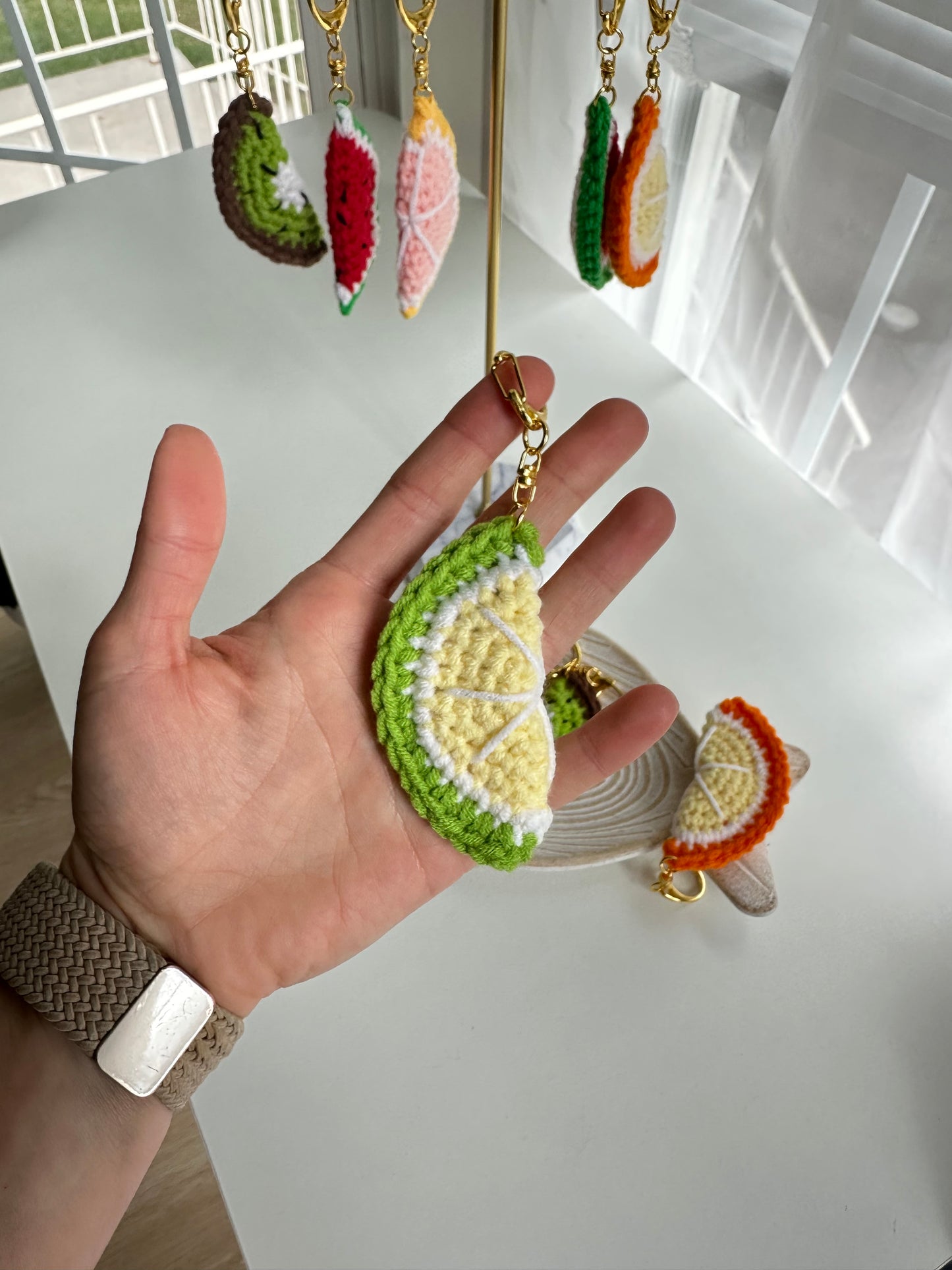Cute fruit slice crochet keychains for bags, backpacks, and keys

