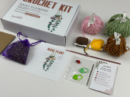 Crochet kit with yarn, hooks, and instructions on a white surface