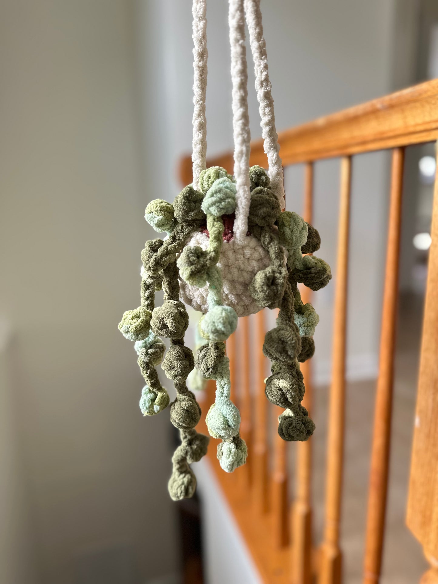 Soft crochet hanging plant with plush yarn and fiberfill stuffing