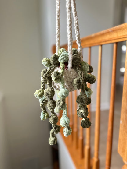 Soft crochet hanging plant with plush yarn and fiberfill stuffing