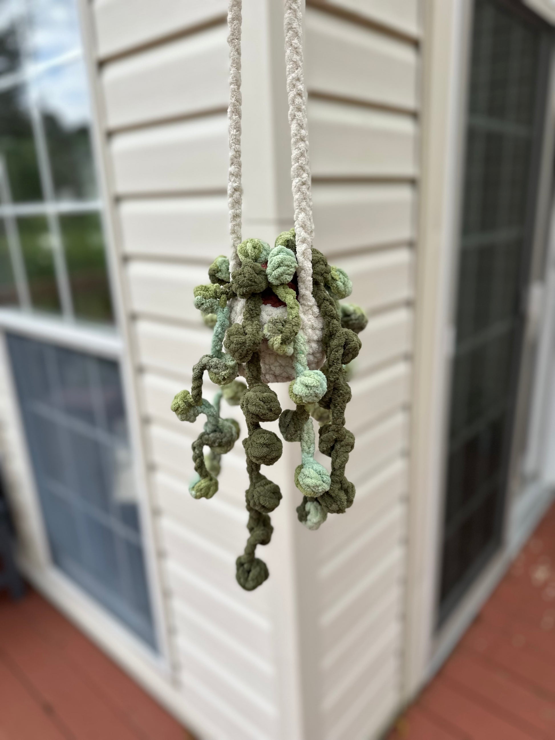 Boho home decor crochet String of Pearls with green vines and pot