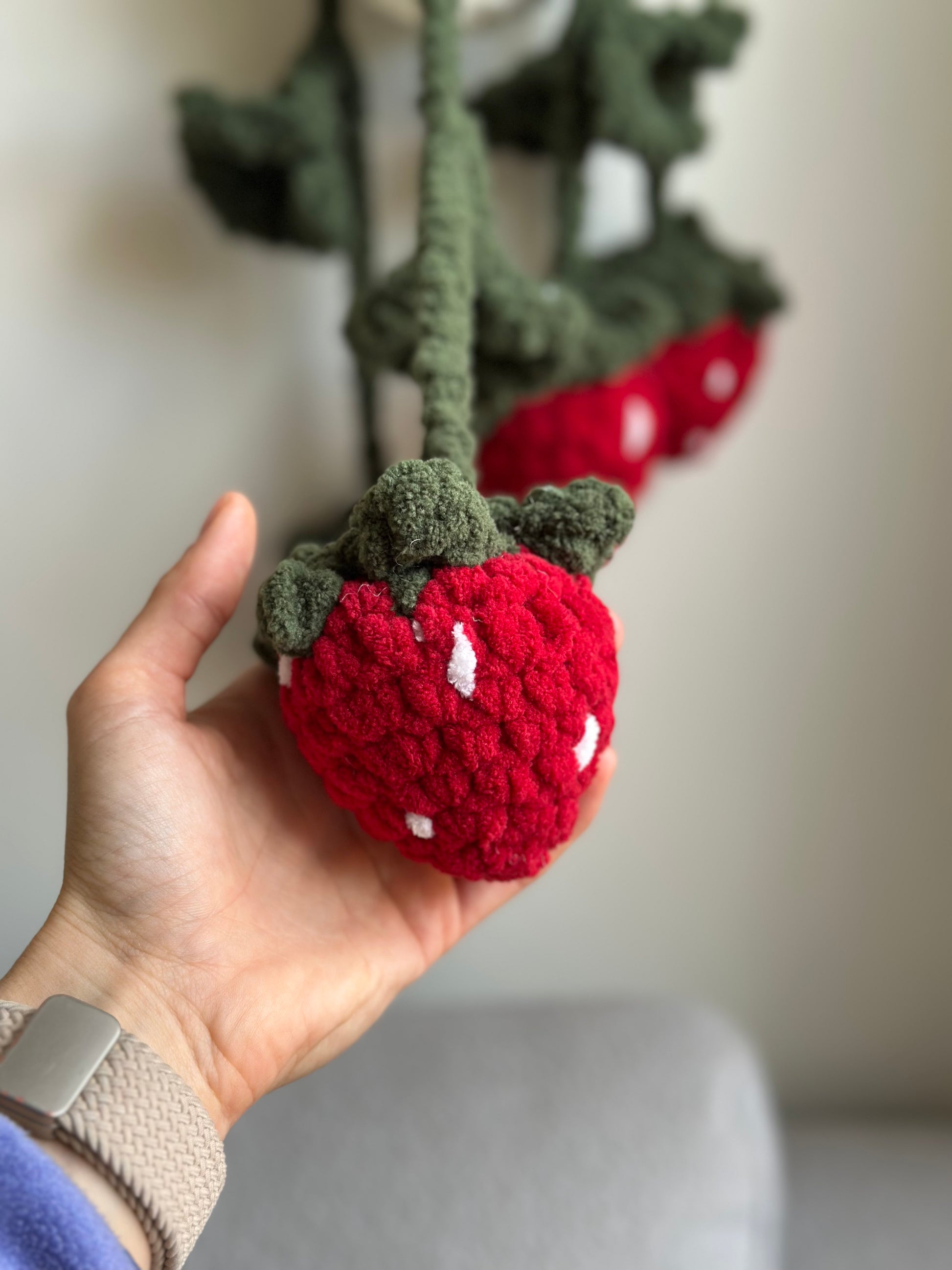 Amigurumi strawberry plant in crochet pot – handmade decor