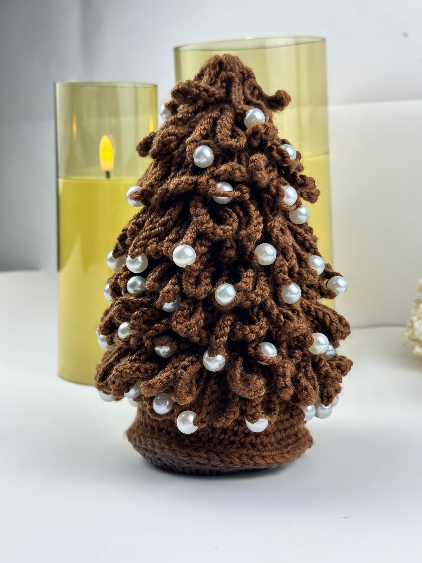 Cozy handmade brown crochet tree for holiday home decor and gifts