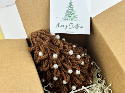 Crochet Christmas tree gift boxed with a Merry Christmas card and tissue paper