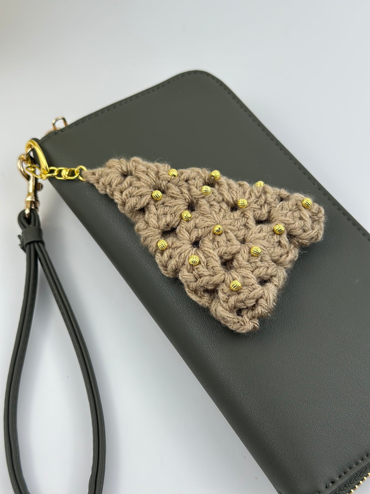 Green crochet Christmas tree bag charm for holiday accessories