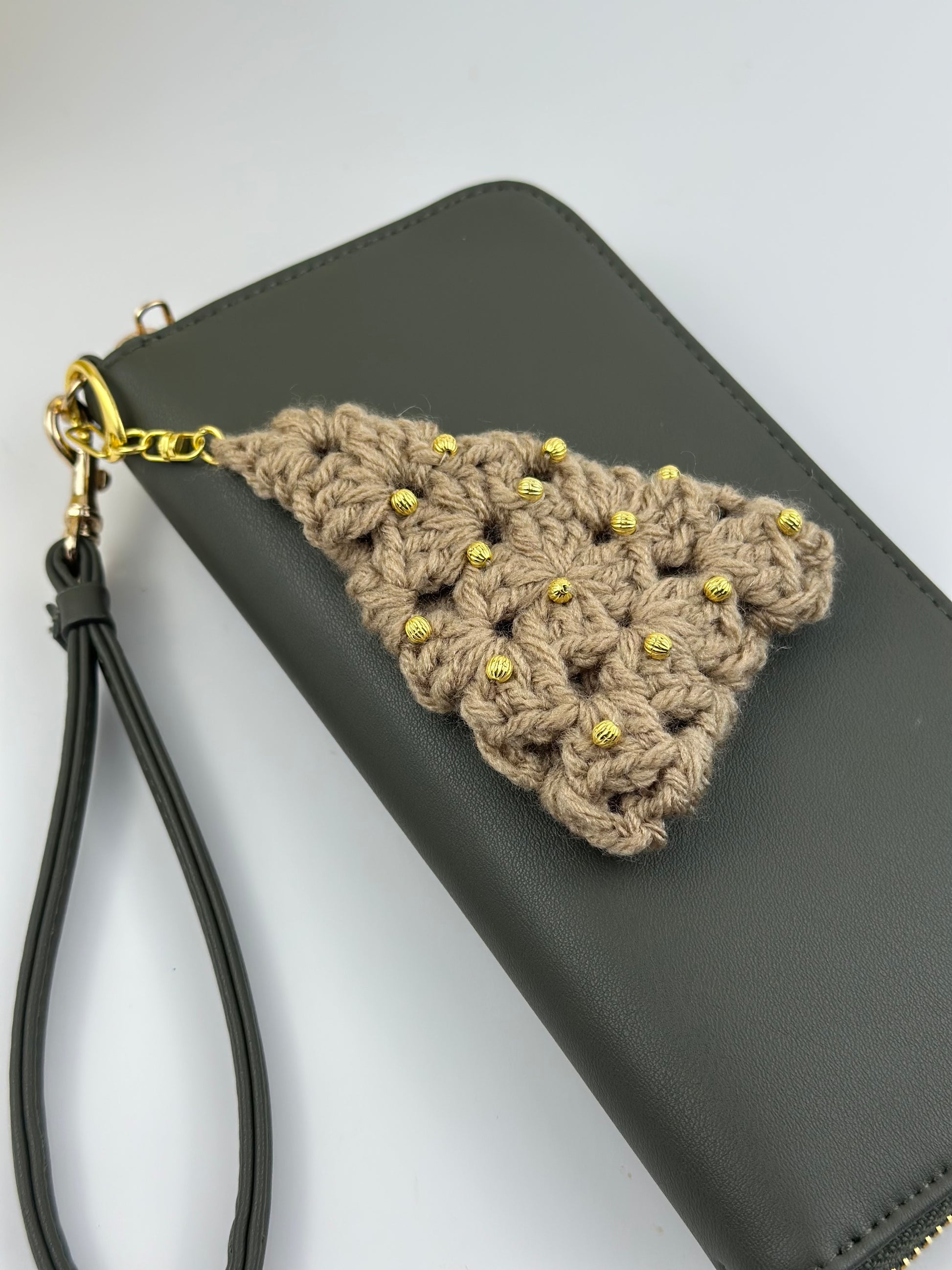 Green crochet Christmas tree bag charm for holiday accessories