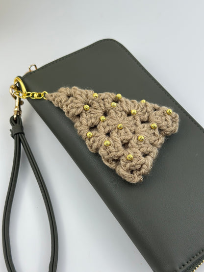 Green crochet Christmas tree bag charm for holiday accessories