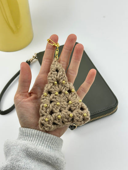 Handmade crochet Christmas tree keychain with pearl accents